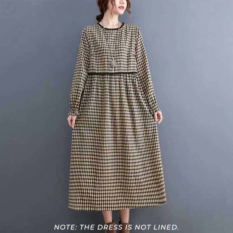 Fall Plaid Pattern Ruffled Crew Neck Design Cotton Long Sleeve Midi Dress With Pockets - Image 8