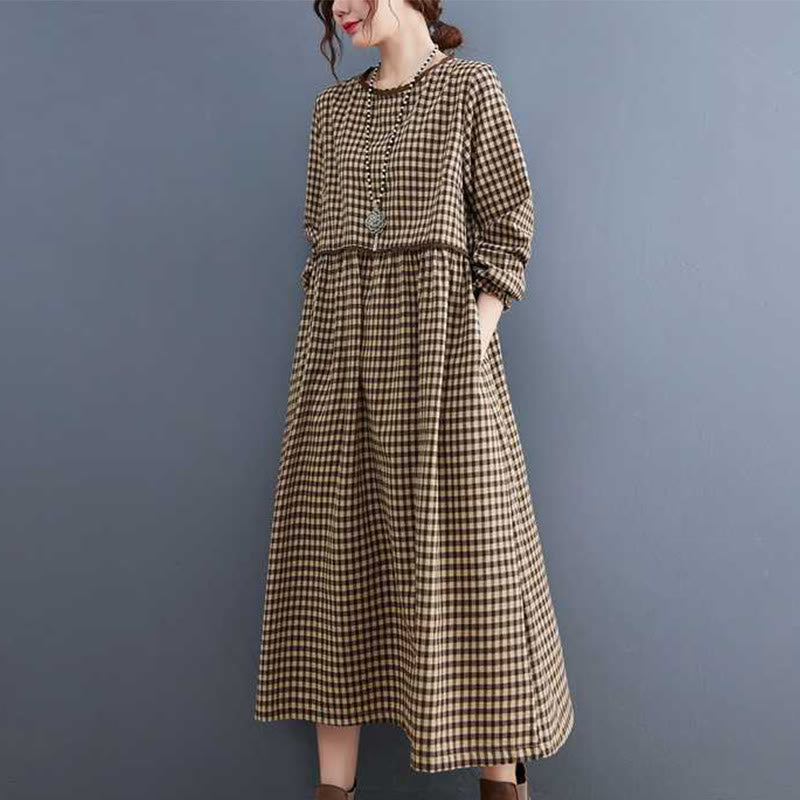 Fall Plaid Pattern Ruffled Crew Neck Design Cotton Long Sleeve Midi Dress With Pockets - Image 3