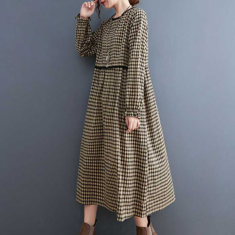 Fall Plaid Pattern Ruffled Crew Neck Design Cotton Long Sleeve Midi Dress With Pockets - Image 10