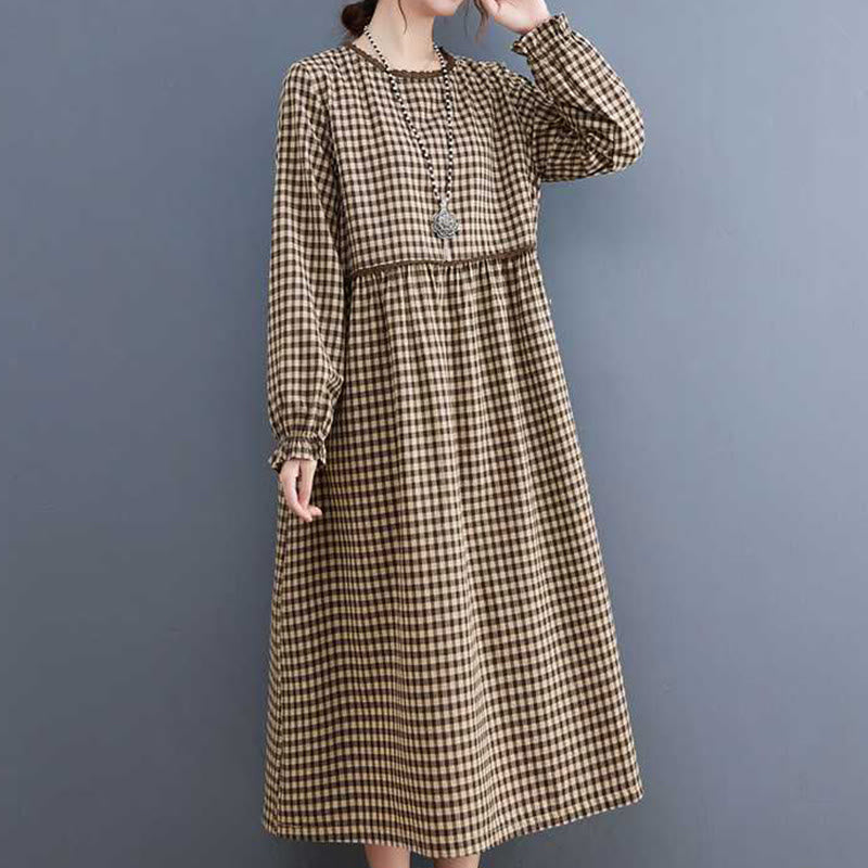 Fall Plaid Pattern Ruffled Crew Neck Design Cotton Long Sleeve Midi Dress With Pockets