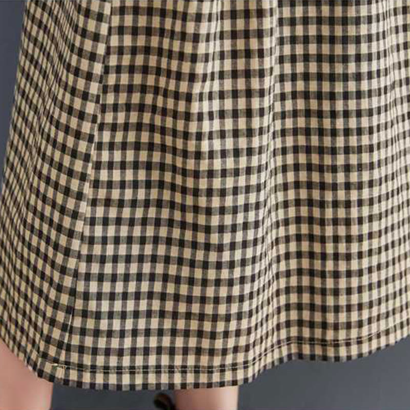 Fall Plaid Pattern Ruffled Crew Neck Design Cotton Long Sleeve Midi Dress With Pockets - Image 18