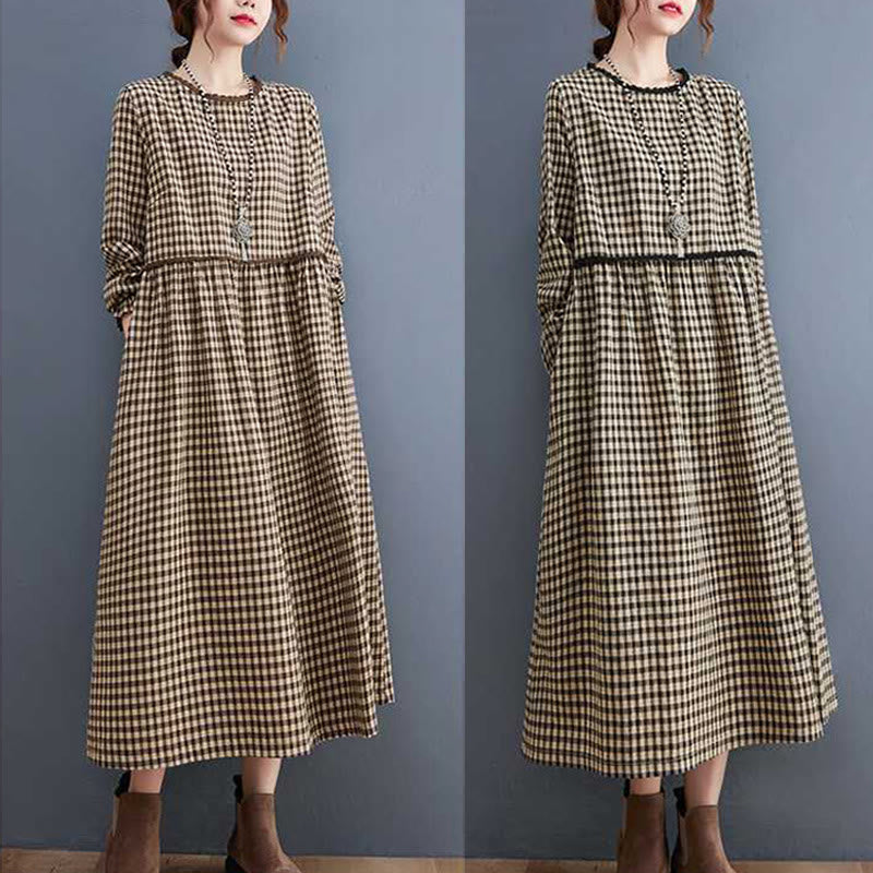 Fall Plaid Pattern Ruffled Crew Neck Design Cotton Long Sleeve Midi Dress With Pockets - Image 20