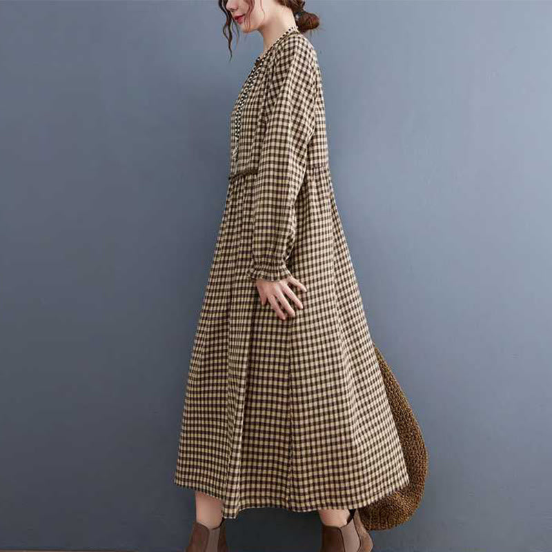 Fall Plaid Pattern Ruffled Crew Neck Design Cotton Long Sleeve Midi Dress With Pockets - Image 5