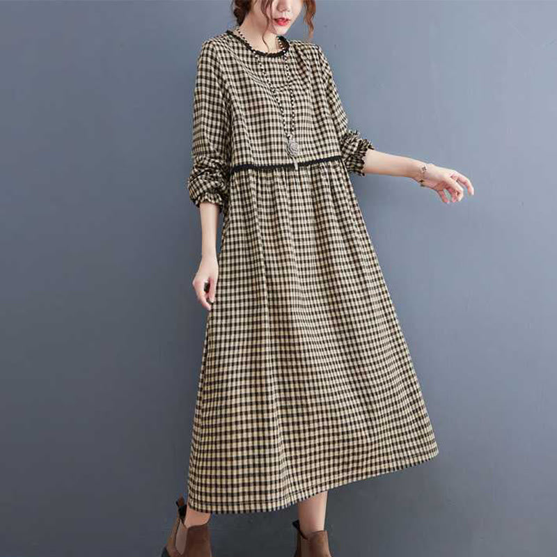 Fall Plaid Pattern Ruffled Crew Neck Design Cotton Long Sleeve Midi Dress With Pockets - Image 7