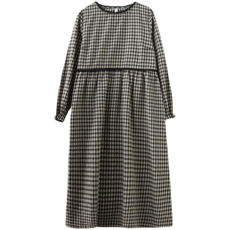 Fall Plaid Pattern Ruffled Crew Neck Design Cotton Long Sleeve Midi Dress With Pockets - Image 19