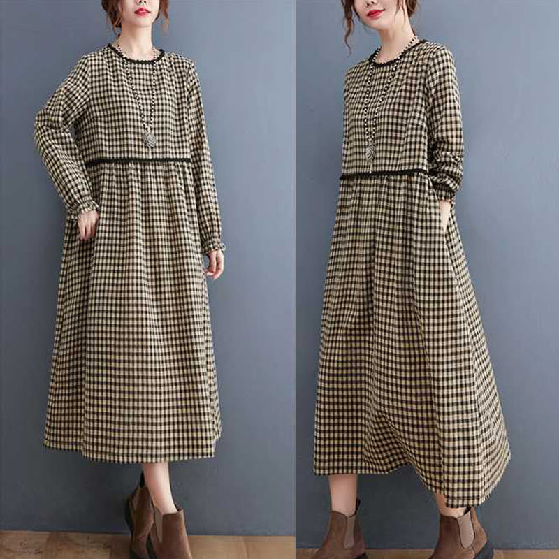 Fall Plaid Pattern Ruffled Crew Neck Design Cotton Long Sleeve Midi Dress With Pockets - Image 12