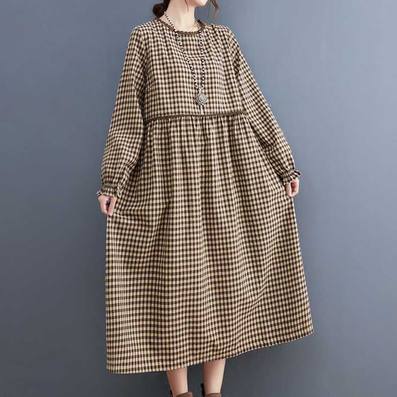 Fall Plaid Pattern Ruffled Crew Neck Design Cotton Long Sleeve Midi Dress With Pockets - Image 4