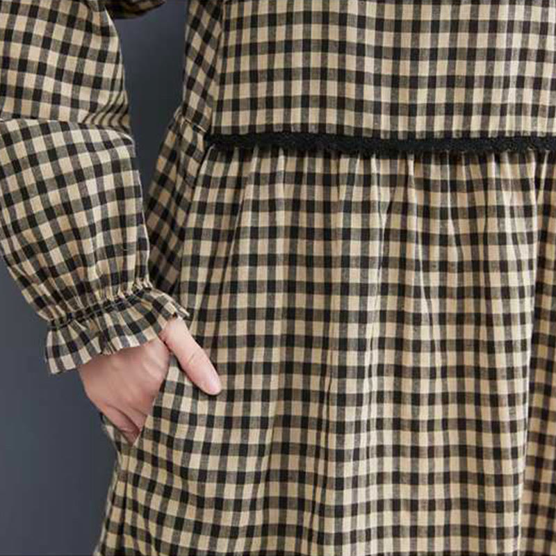 Fall Plaid Pattern Ruffled Crew Neck Design Cotton Long Sleeve Midi Dress With Pockets - Image 16