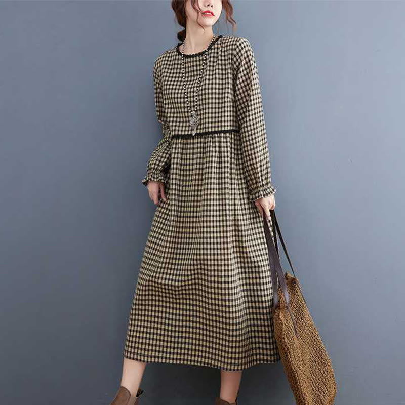 Fall Plaid Pattern Ruffled Crew Neck Design Cotton Long Sleeve Midi Dress With Pockets - Image 11