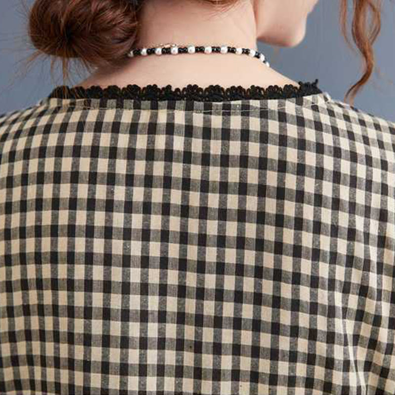 Fall Plaid Pattern Ruffled Crew Neck Design Cotton Long Sleeve Midi Dress With Pockets - Image 14