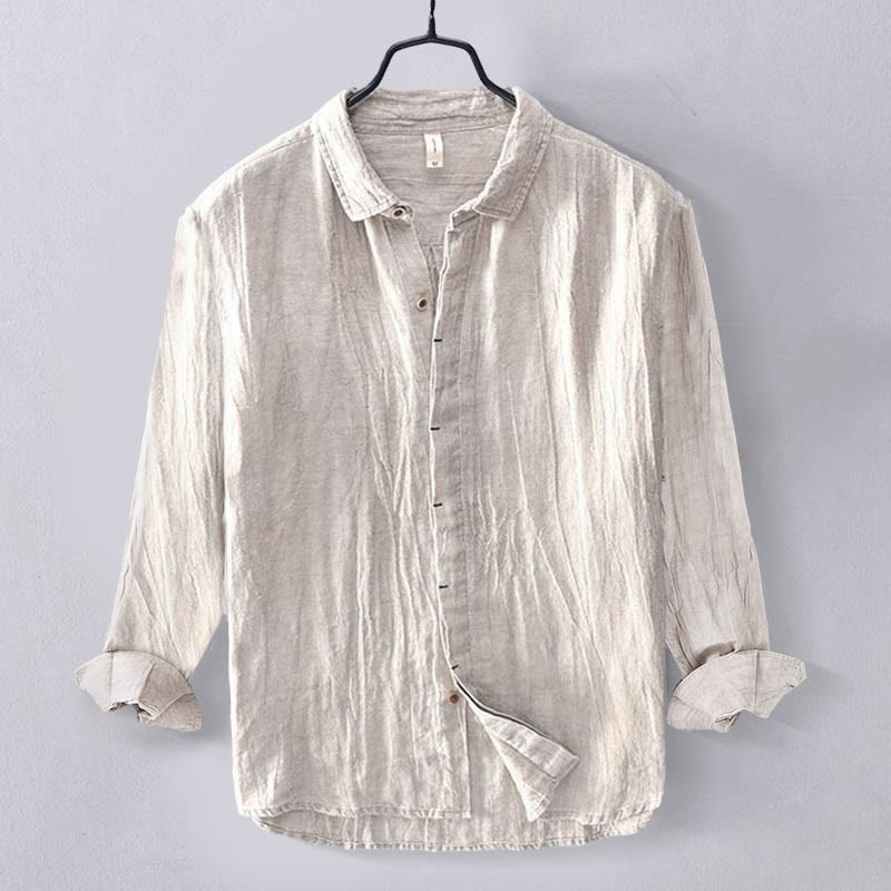 Men's Shirt Solid Color Lapel Top Long Sleeve Comfy Button Crease Cotton Linen Shirt - Image 15