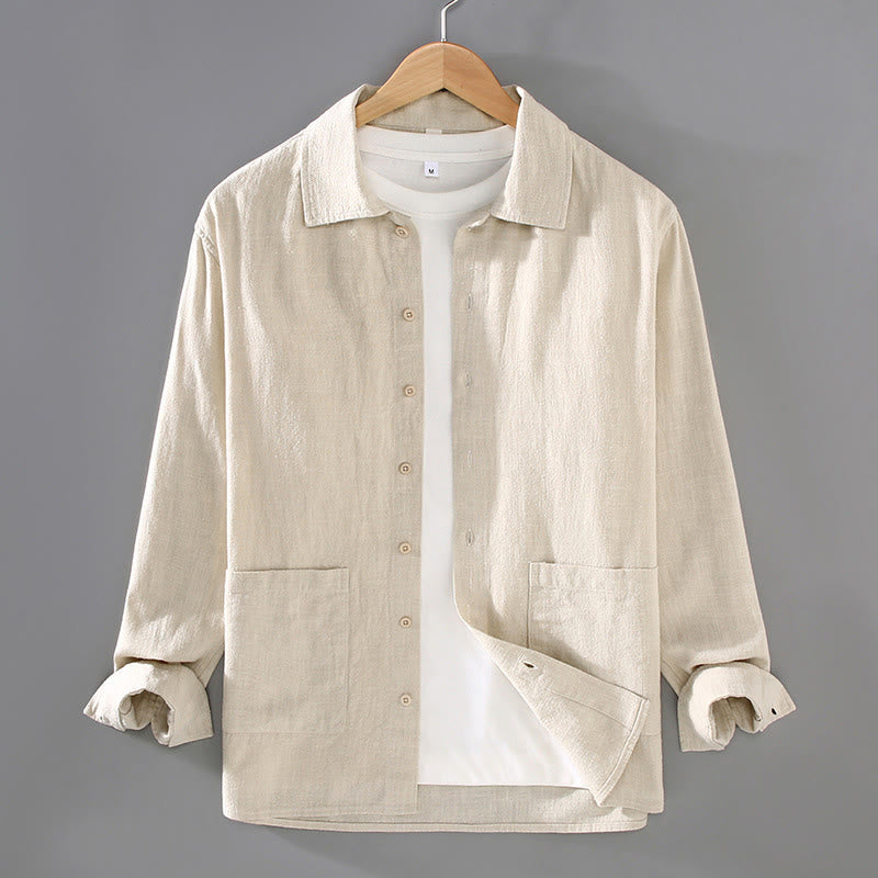 Solid Color Long Sleeve Buttons Shirt Men Ramie Cotton Clothing With Pockets