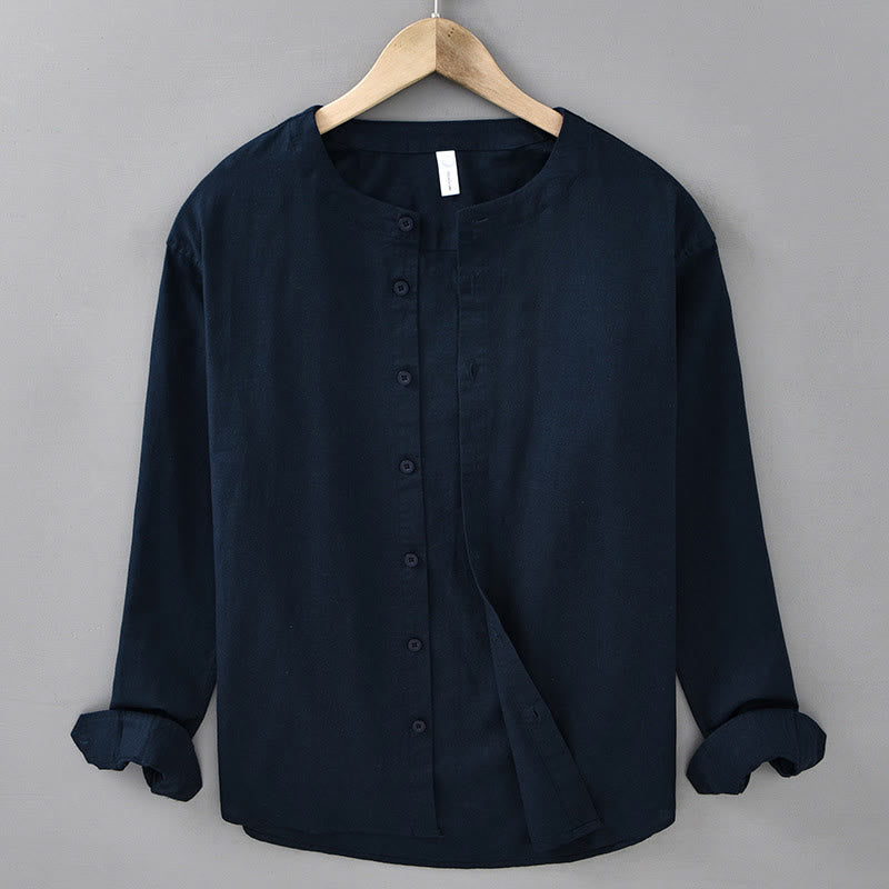Men's Spring Pure Color Stand Collar Cotton Linen Long Sleeve Shirt