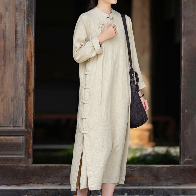 Fall Plain Chinese Frog-Button Design Cotton Linen Long Sleeve Midi Dress With Pockets