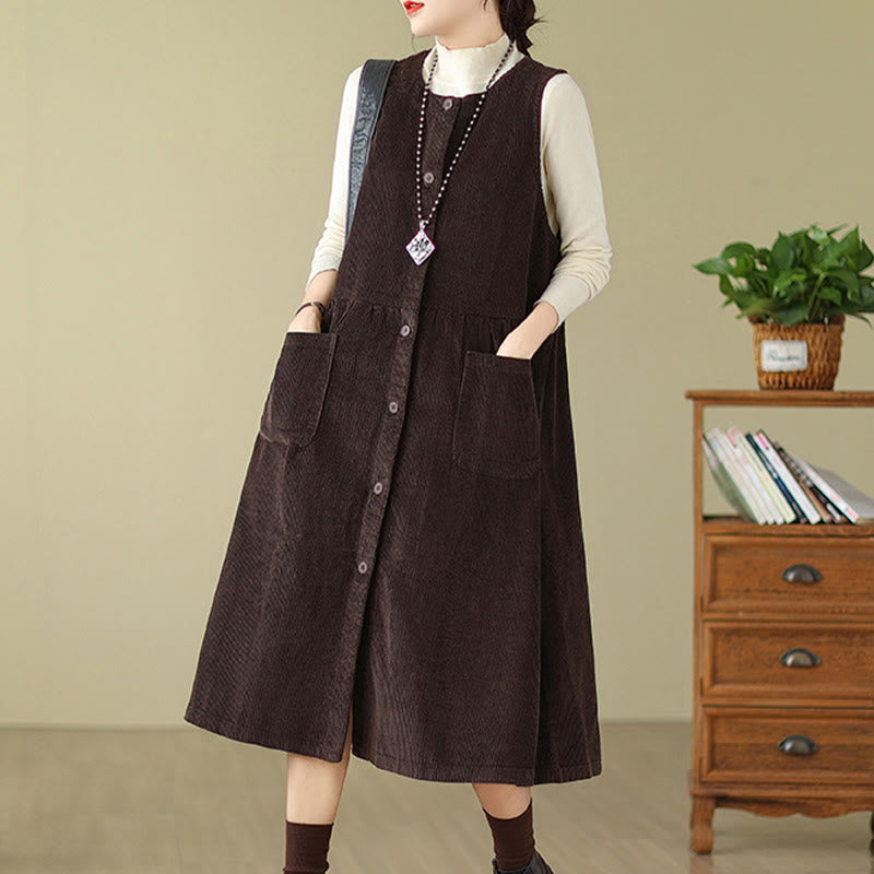 Fall Retro Buttons Design Cotton Corduroy Sleeveless Midi Dress With Pockets - Image 3