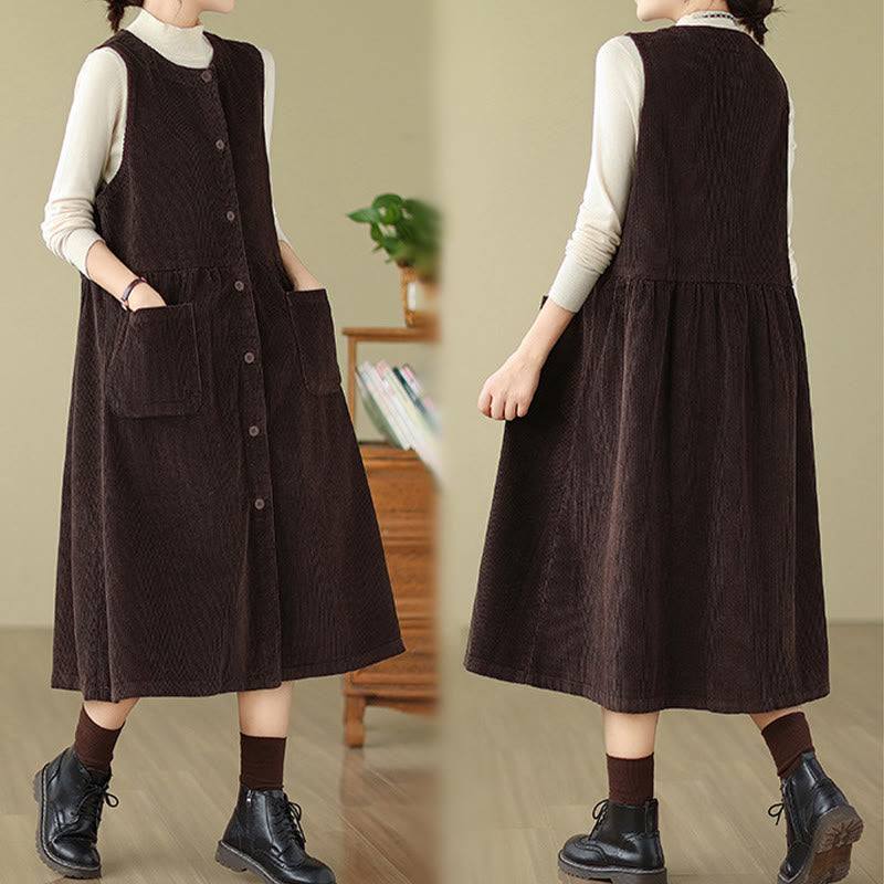Fall Retro Buttons Design Cotton Corduroy Sleeveless Midi Dress With Pockets - Image 5