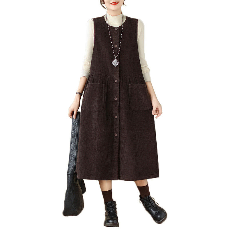 Fall Retro Buttons Design Cotton Corduroy Sleeveless Midi Dress With Pockets - Image 6