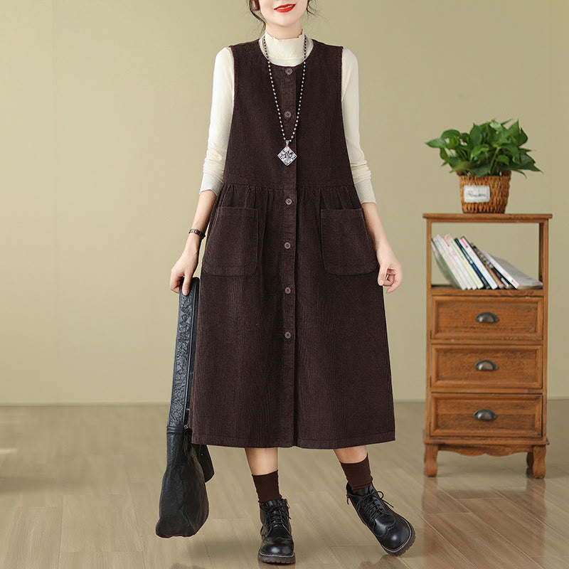 Fall Retro Buttons Design Cotton Corduroy Sleeveless Midi Dress With Pockets
