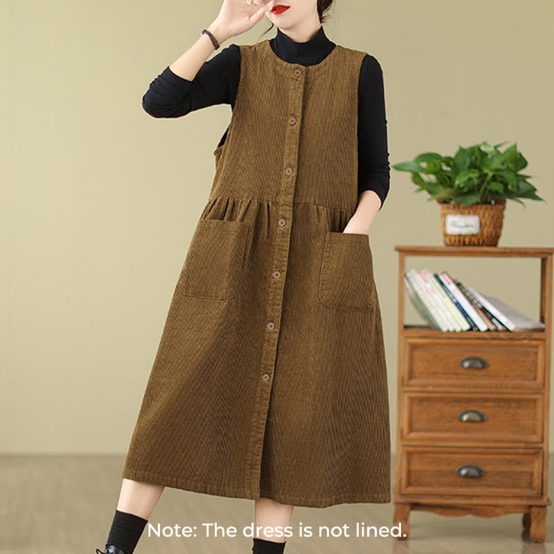 Fall Retro Buttons Design Cotton Corduroy Sleeveless Midi Dress With Pockets - Image 14
