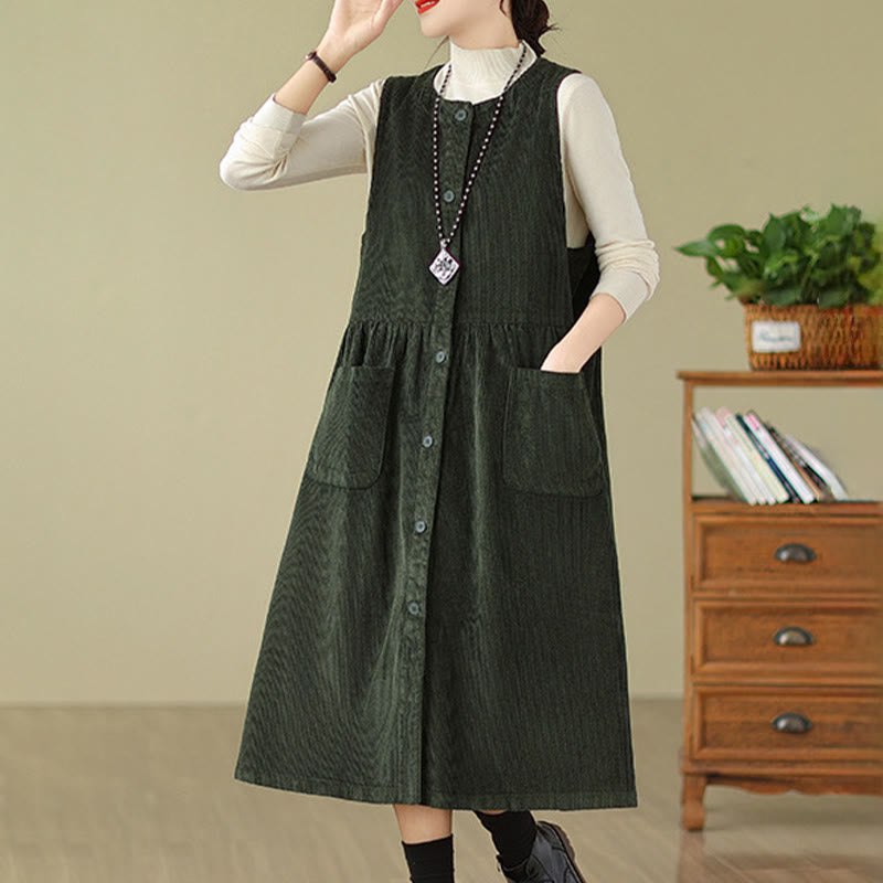 Fall Retro Buttons Design Cotton Corduroy Sleeveless Midi Dress With Pockets - Image 9