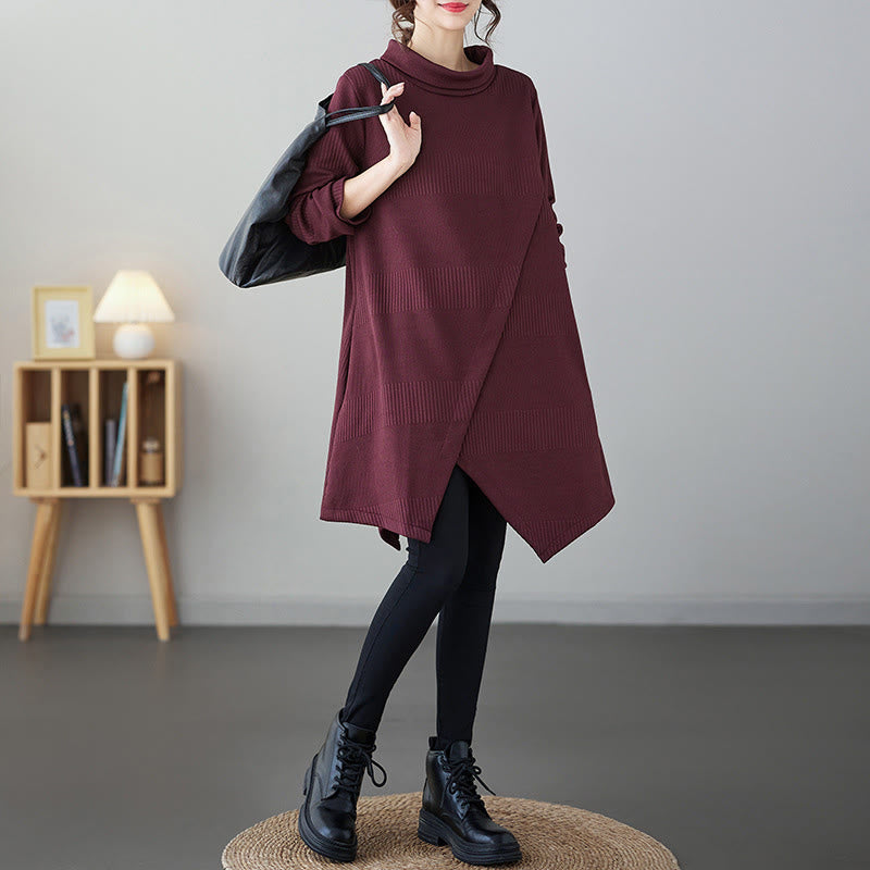 Winter Irregular Hem Design Mock Neck Cotton Long Sleeve Midi Dress With Pockets - Image 5