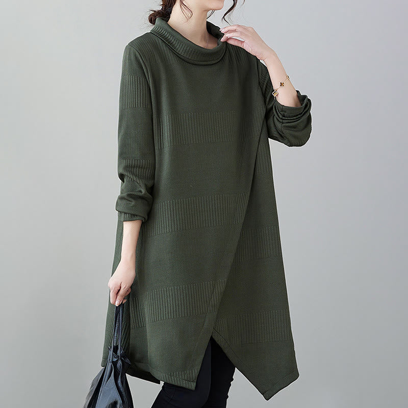 Winter Irregular Hem Design Mock Neck Cotton Long Sleeve Midi Dress With Pockets - Image 4