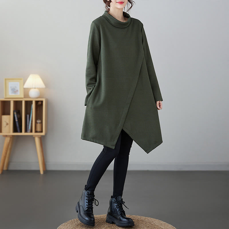 Winter Irregular Hem Design Mock Neck Cotton Long Sleeve Midi Dress With Pockets - Image 3