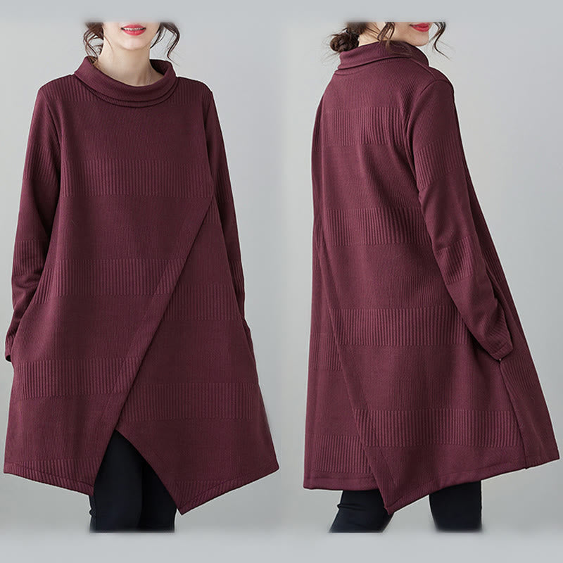 Winter Irregular Hem Design Mock Neck Cotton Long Sleeve Midi Dress With Pockets - Image 11