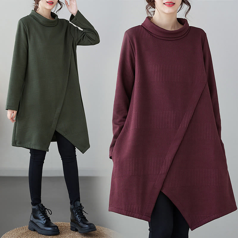 Winter Irregular Hem Design Mock Neck Cotton Long Sleeve Midi Dress With Pockets - Image 12