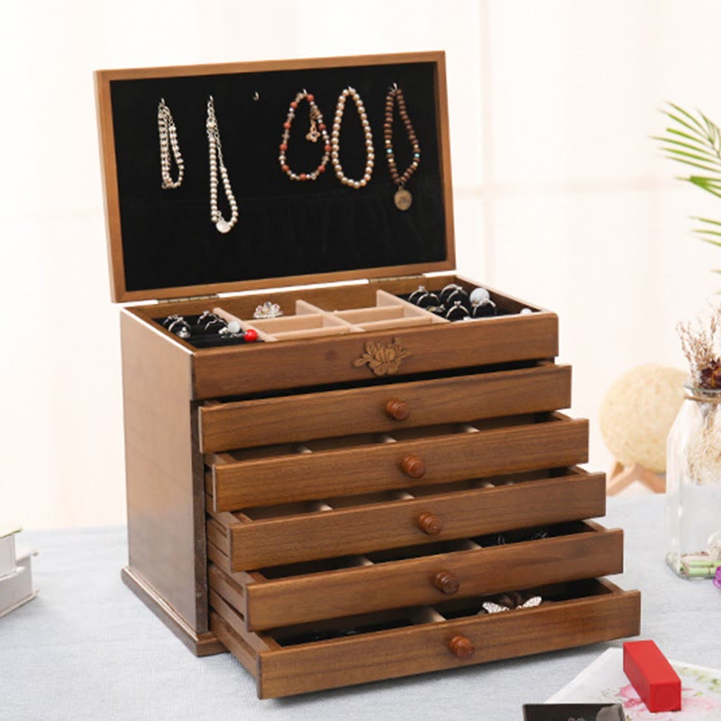 Large Capacity Vintage Flowers Carved Wooden Jewelry Box Six-Layer Jewelry Storage Box - Image 6
