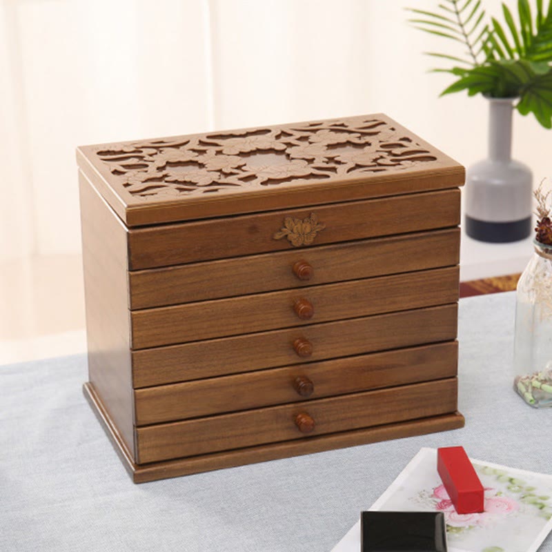 Large Capacity Vintage Flowers Carved Wooden Jewelry Box Six-Layer Jewelry Storage Box - Image 7