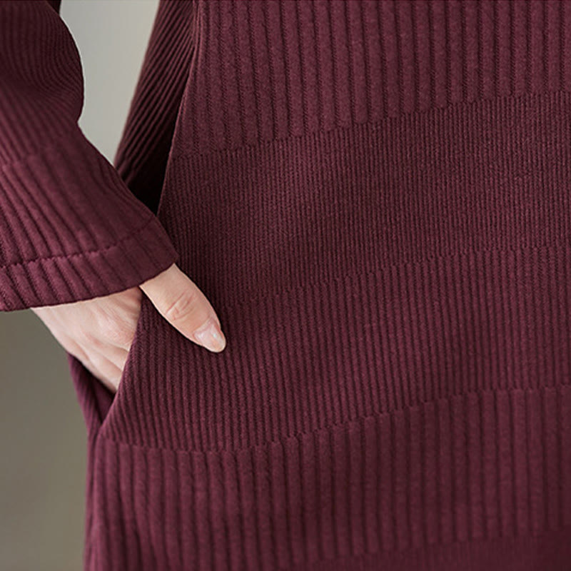 Winter Irregular Hem Design Mock Neck Cotton Long Sleeve Midi Dress With Pockets - Image 8