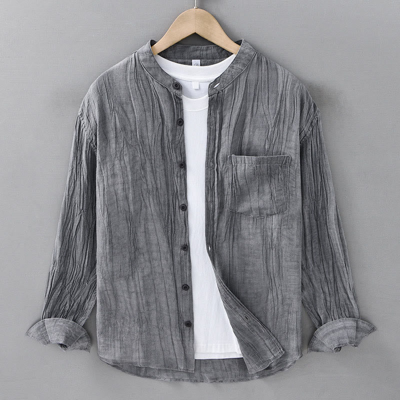 Solid Long Sleeve Creases Design Buttons Down Ramie Linen Men's Shirts