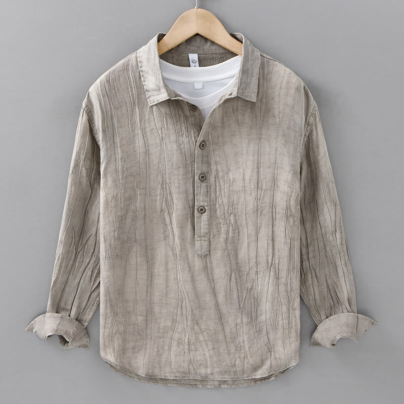 Solid Long Sleeve Stand Collar Wrinkles Half Button Ramie Linen Men's Shirts