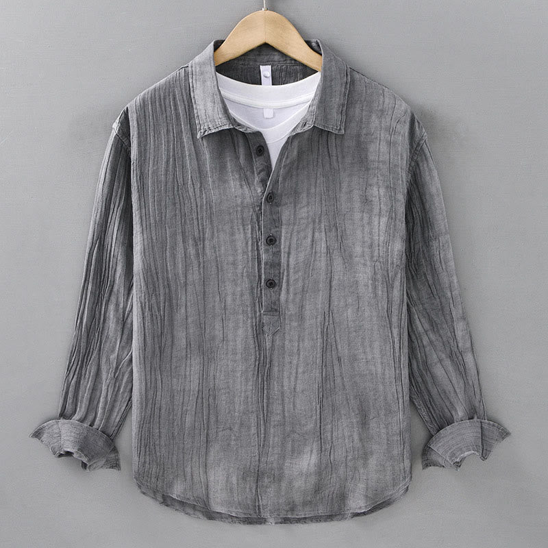 Solid Long Sleeve Stand Collar Wrinkles Half Button Ramie Linen Men's Shirts - Image 5