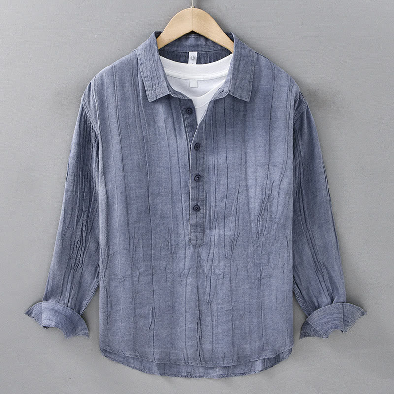 Solid Long Sleeve Stand Collar Wrinkles Half Button Ramie Linen Men's Shirts - Image 12