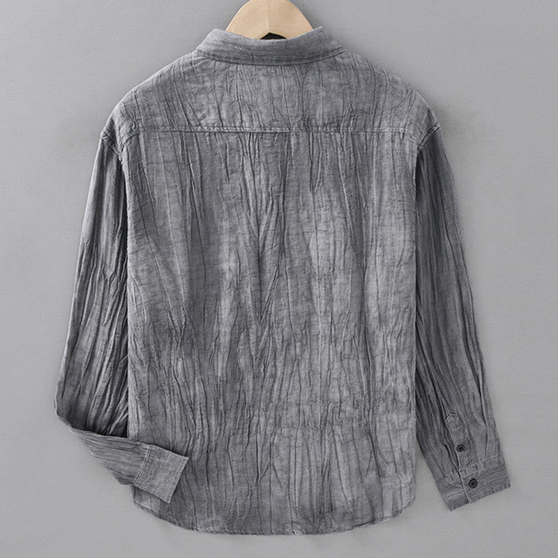 Solid Long Sleeve Stand Collar Wrinkles Half Button Ramie Linen Men's Shirts - Image 6