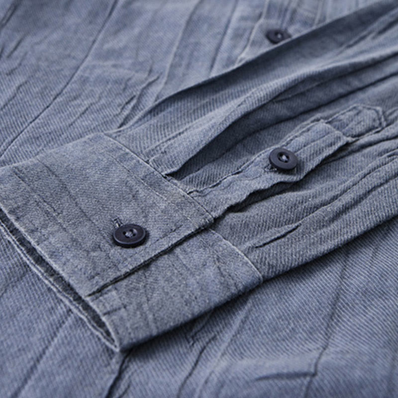 Solid Long Sleeve Stand Collar Wrinkles Half Button Ramie Linen Men's Shirts - Image 15