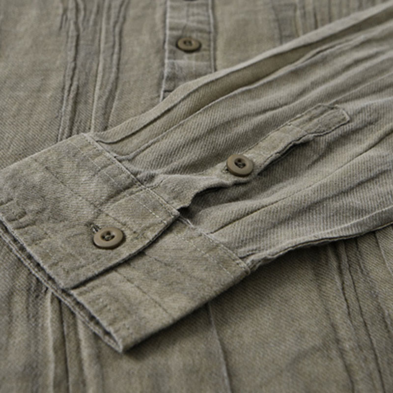 Solid Long Sleeve Stand Collar Wrinkles Half Button Ramie Linen Men's Shirts - Image 19