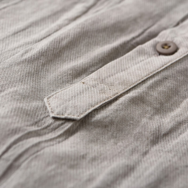 Solid Long Sleeve Stand Collar Wrinkles Half Button Ramie Linen Men's Shirts - Image 3