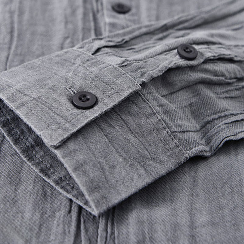 Solid Long Sleeve Stand Collar Wrinkles Half Button Ramie Linen Men's Shirts - Image 9