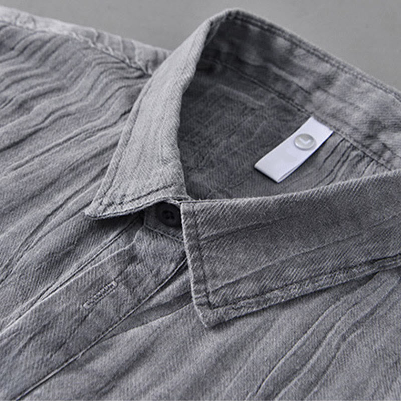 Solid Long Sleeve Stand Collar Wrinkles Half Button Ramie Linen Men's Shirts - Image 7