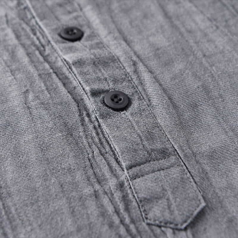 Solid Long Sleeve Stand Collar Wrinkles Half Button Ramie Linen Men's Shirts - Image 8