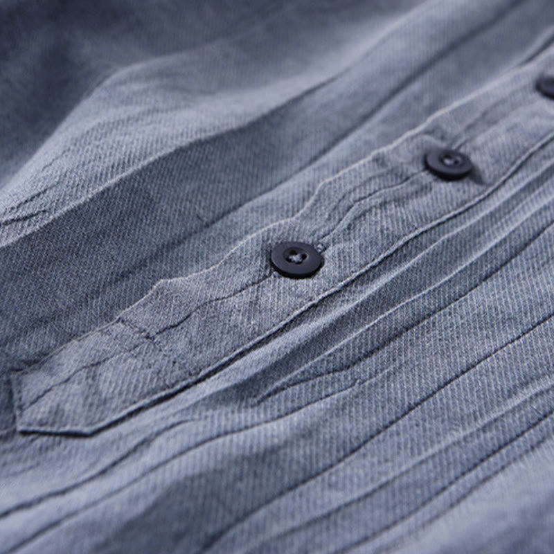 Solid Long Sleeve Stand Collar Wrinkles Half Button Ramie Linen Men's Shirts - Image 14