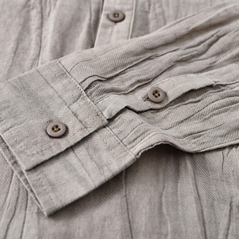 Solid Long Sleeve Stand Collar Wrinkles Half Button Ramie Linen Men's Shirts - Image 4