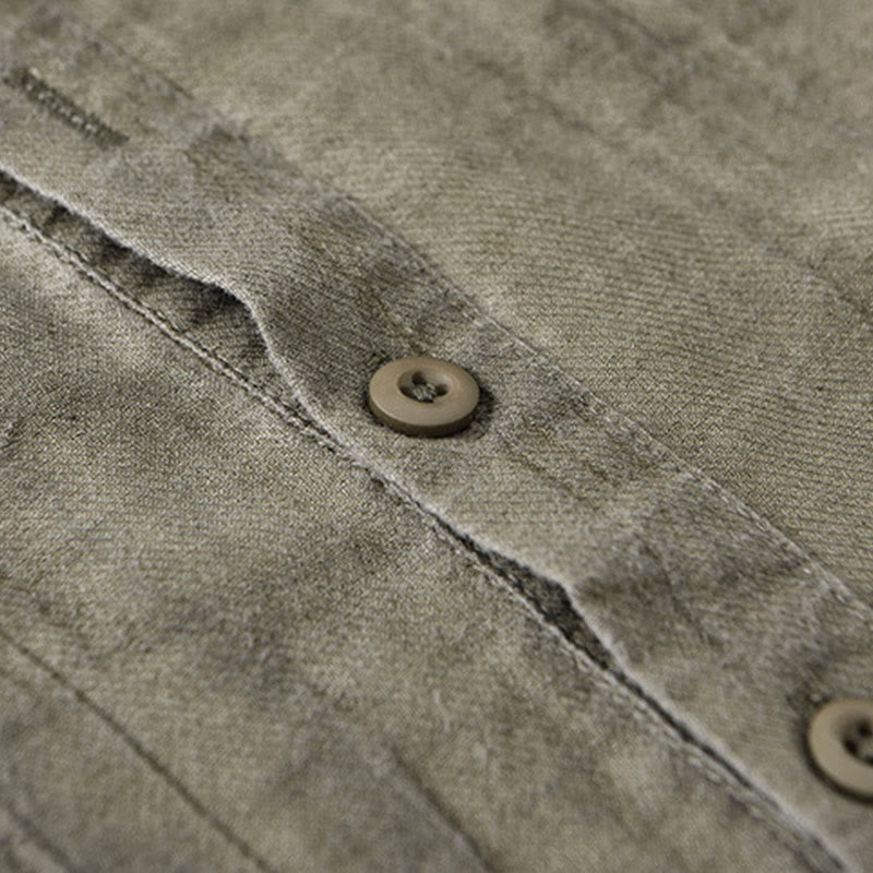 Solid Long Sleeve Stand Collar Wrinkles Half Button Ramie Linen Men's Shirts - Image 18