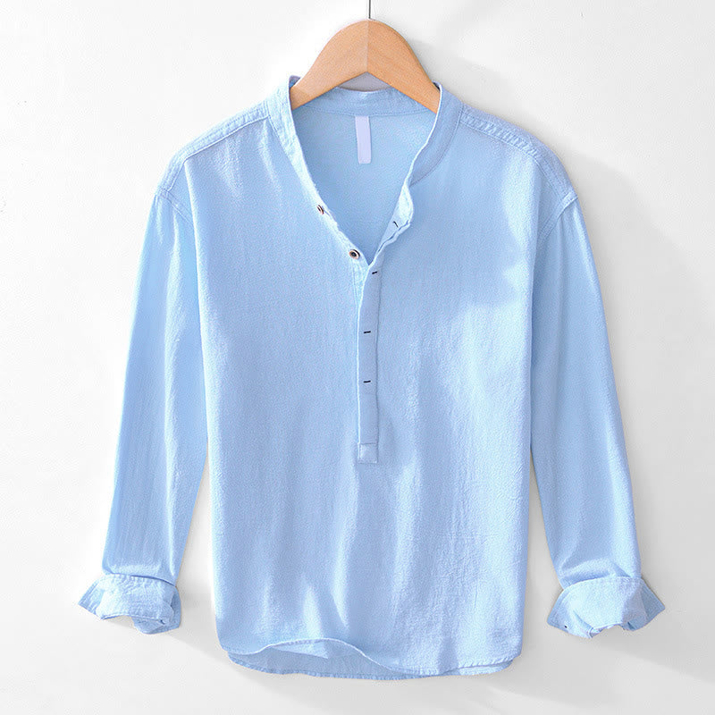 Spring Fall Solid Long Sleeve Half Button Cotton Men's Shirts - Image 3