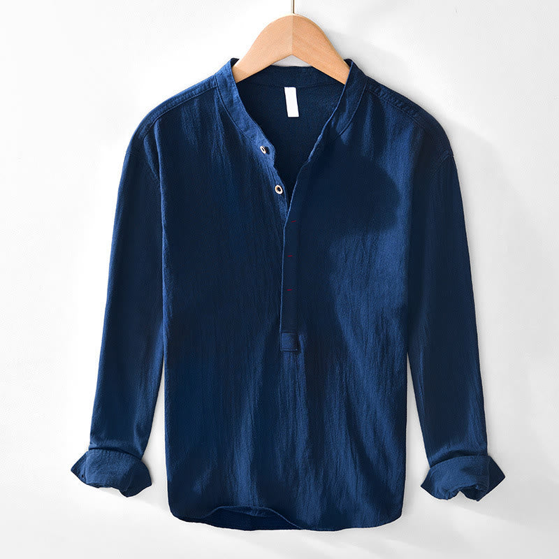 Spring Fall Solid Long Sleeve Half Button Cotton Men's Shirts - Image 4