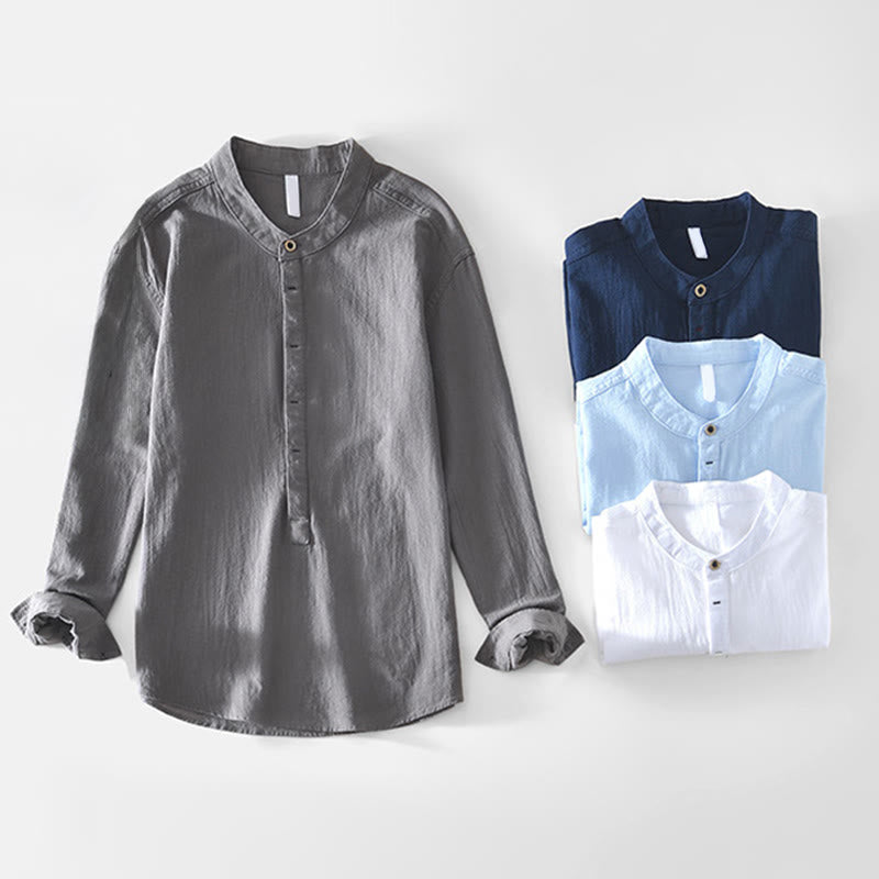 Spring Fall Solid Long Sleeve Half Button Cotton Men's Shirts - Image 5