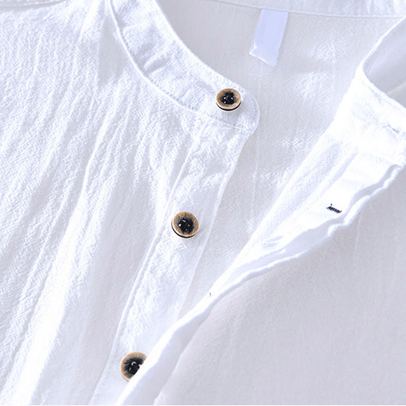 Spring Fall Solid Long Sleeve Half Button Cotton Men's Shirts - Image 7